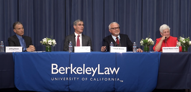 image of moderator Jeffrey Rosen, former U.S. District Judge Jeremy Fogel, former California Supreme Court Justice Carlos Moreno and former U.S. Court of Appeals Chief Judge Deanell Reece Tacha.