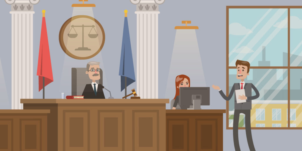 Carton of a courtroom, male presenting to a judge.