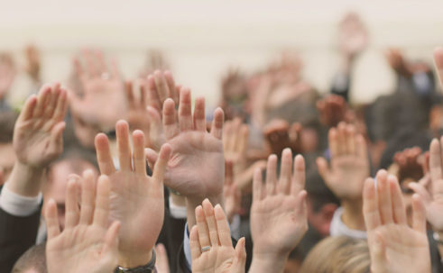 crowd of people raising hands