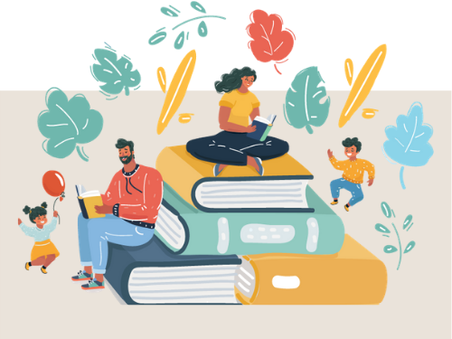 Illustration of characters sitting on books