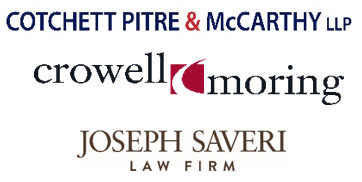 Logos for Cotchett Pitre & McCarthy LLP, Crowell Moring LLP, Joseph Saveri Law Firm