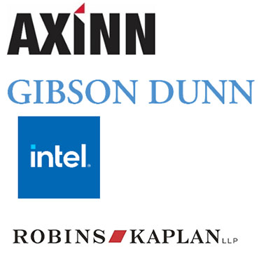 Logos for Axinn, Veltrop & Harkrider LLP, Gibson Dunn, Intel, Robins Kaplan LLP