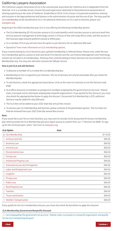 Image of state bar website for CLA and sections