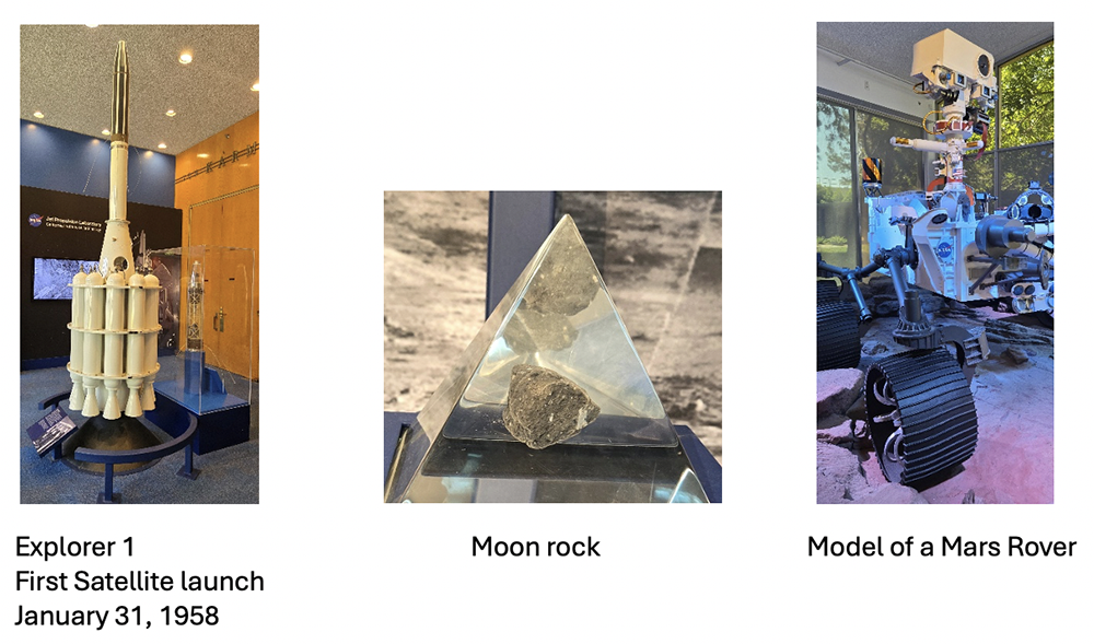photos Explorer 1, first satellite launch, Jan 31, 1958; moon rock; and a model of a Mars rover