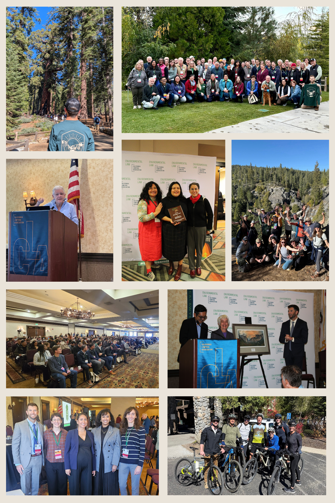 collage of photos from environmental law section from 2025 yosemite event, hikes, scenic views, event group pictures, awards, and speeches at the meetings