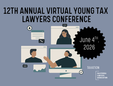 Graphic promoting the “12th Annual Virtual Young Tax Lawyers Conference,” featuring illustrated people on video screens to represent a virtual meeting.